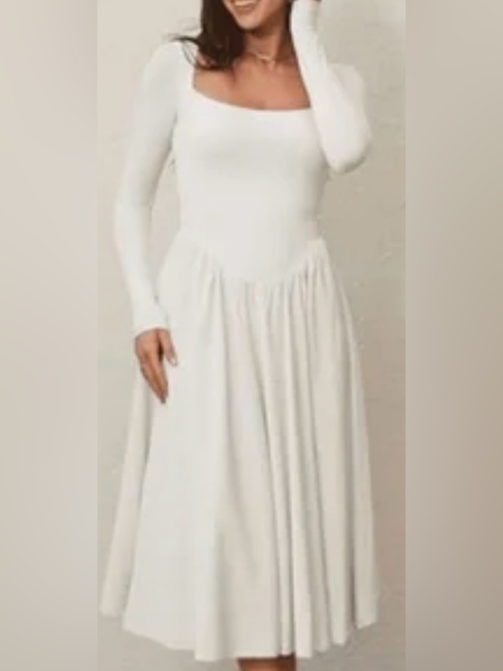 Amazon White Long Sleeve Square Neck Midi Dress